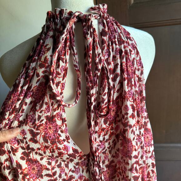 FREE PEOPLE | LYLA Red Floral Gauze High Neck Ruffle Hem Mini Dress | Medium - Picture 5 of 6